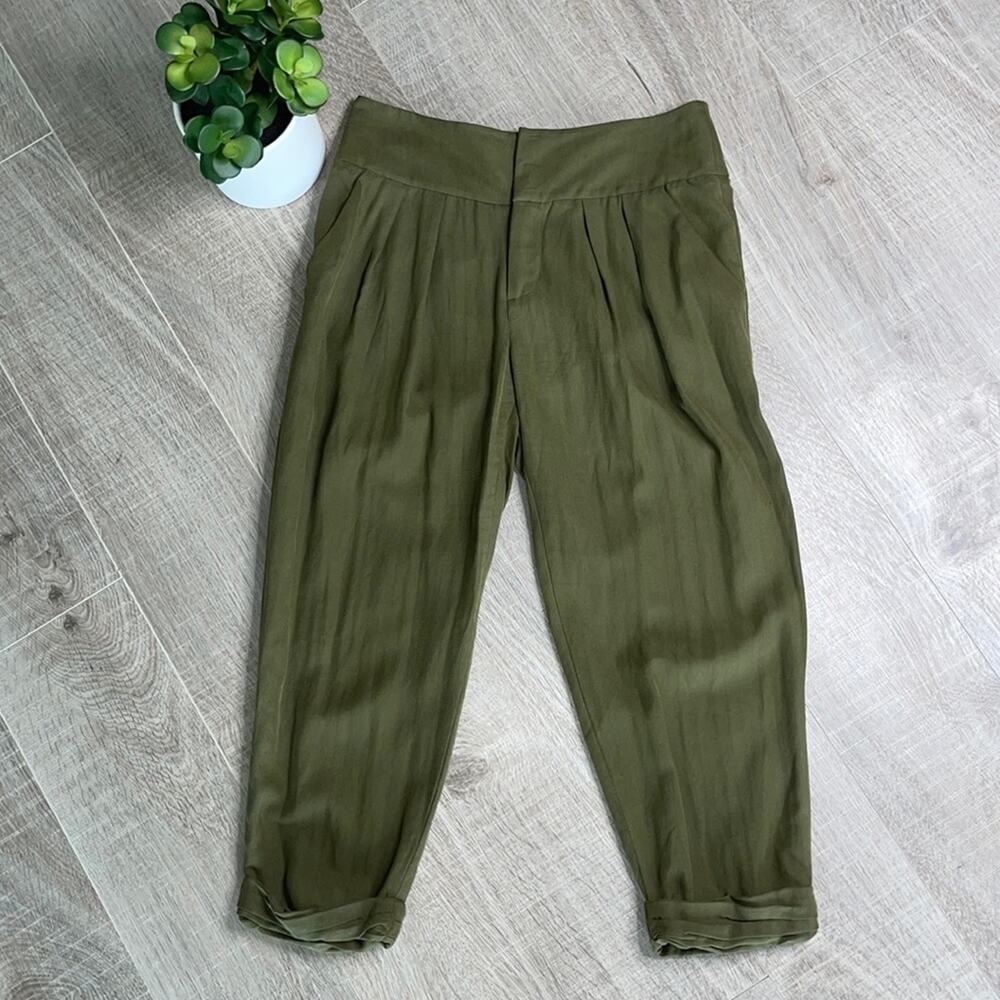 URBAN OUTFITTERS Women's Olive Green Silk Blend Pleat Crop Pants